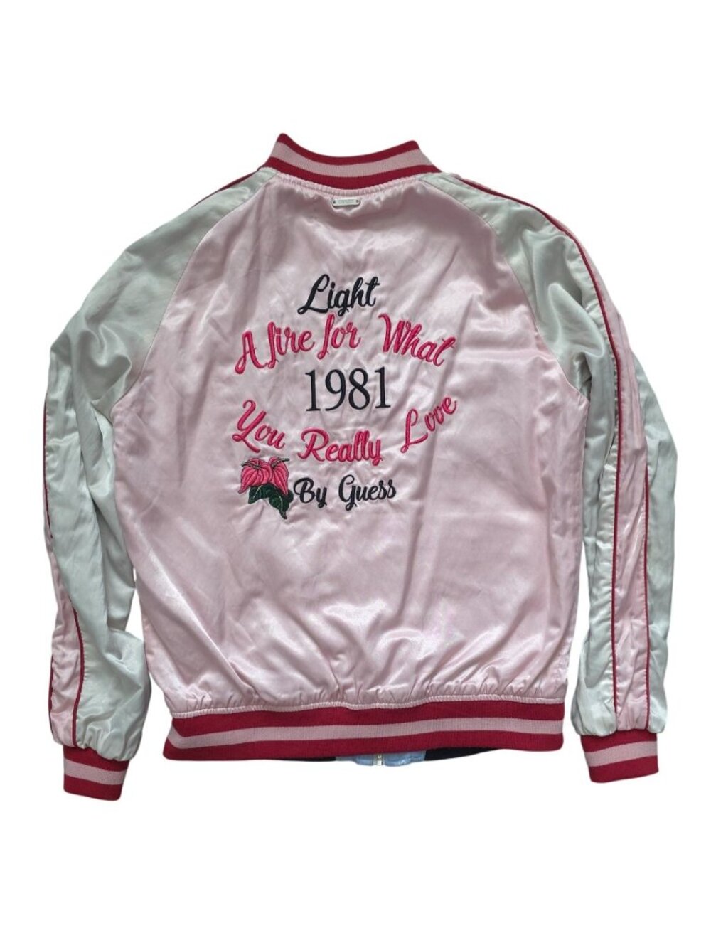 Guess Shirley Reversible Embroidered Tiger & Flamingo Satin Bomber Jacket Sz M - Picture 3 of 14